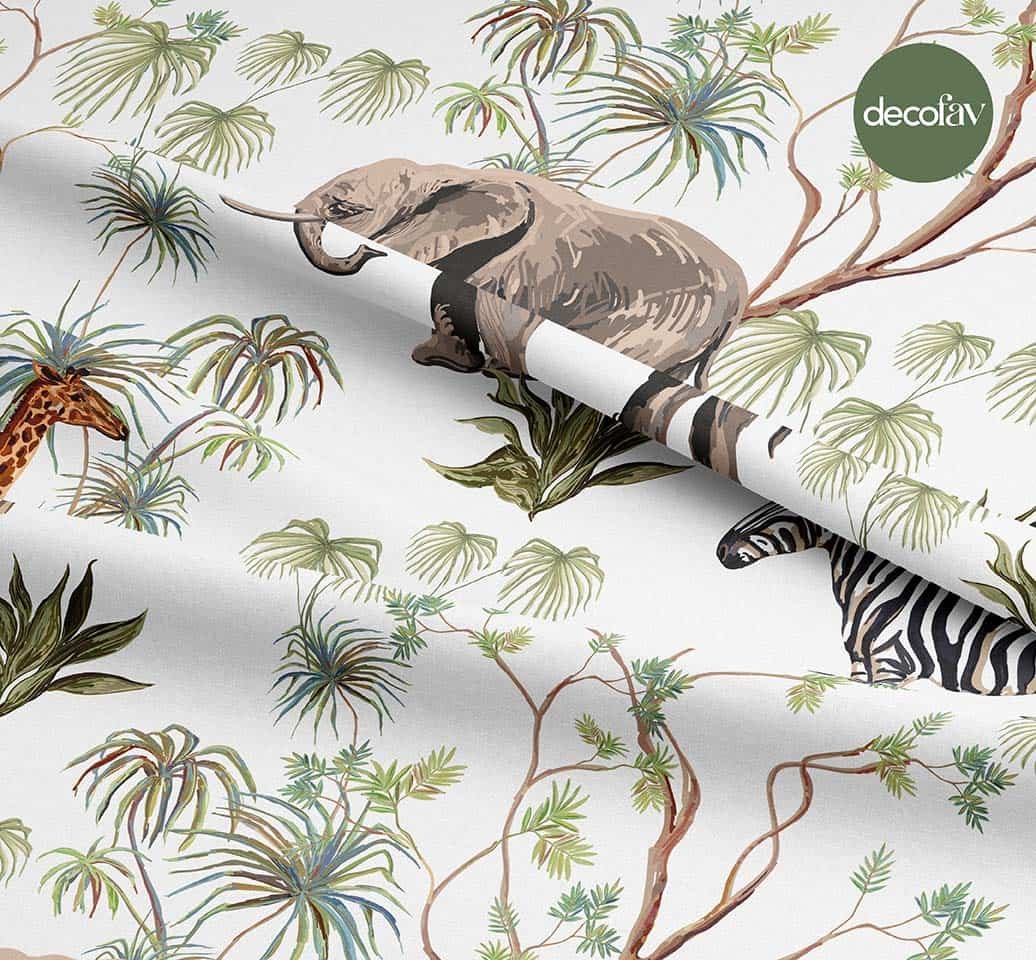 Safari Animal Elephant Giraffe Flamingo Zebra Tree Pattern Digital Printed Fabric