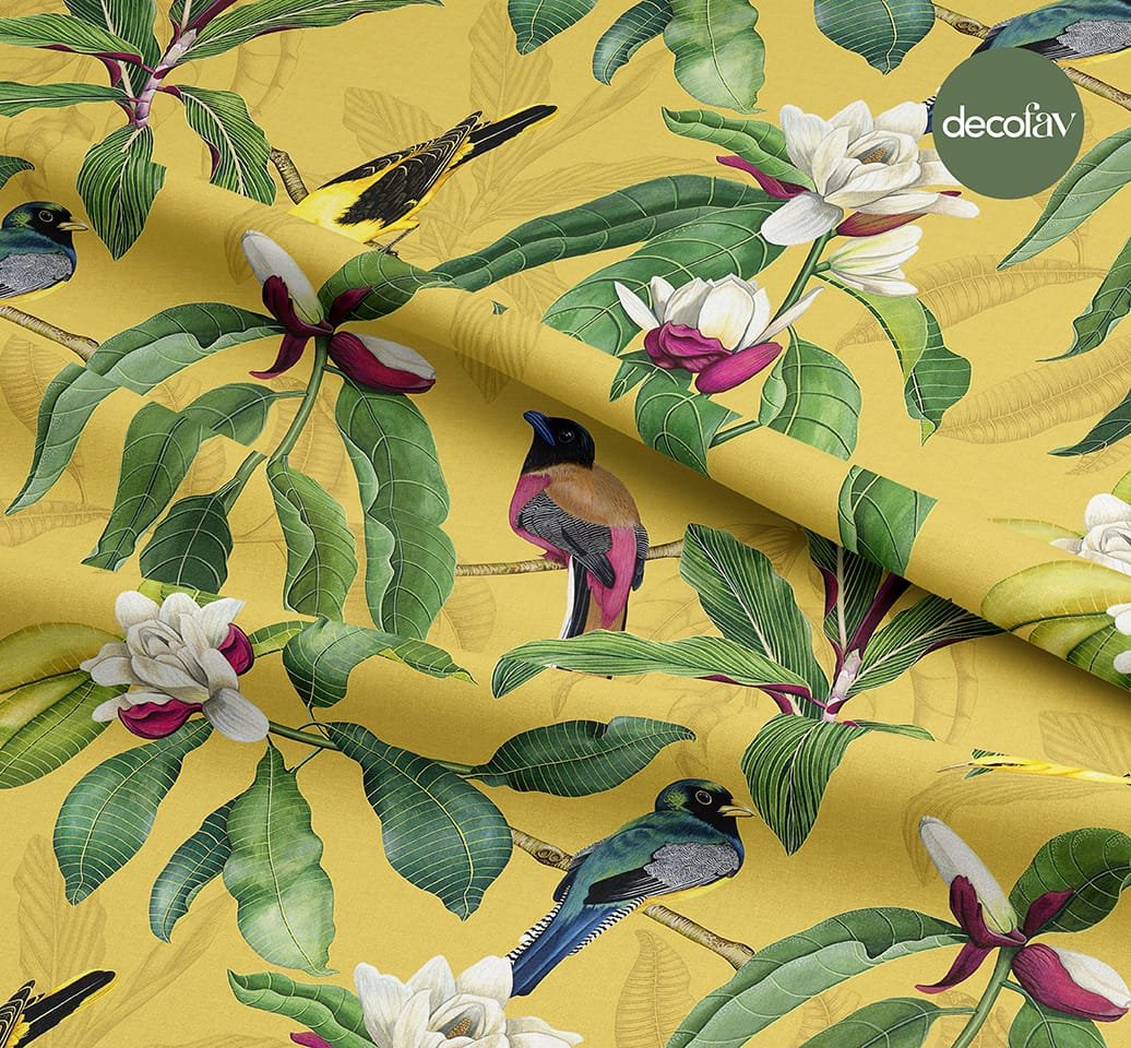 Tropical Bird Flower Leaf Patterned Digital Printed Fabric