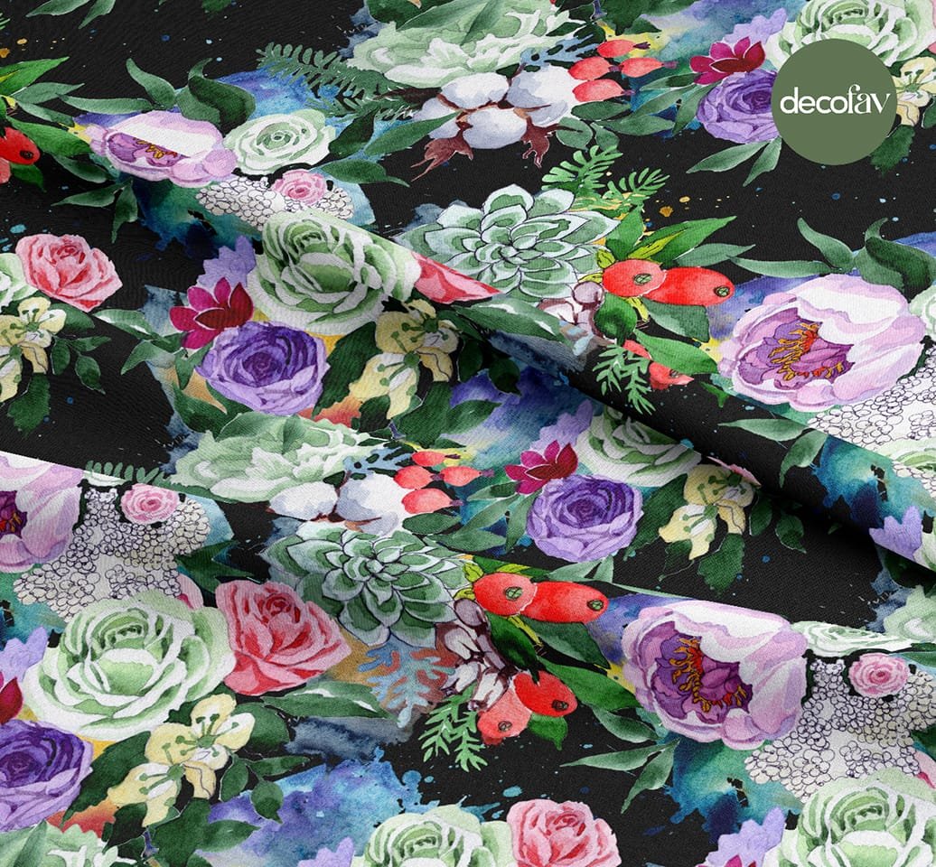 Digitally Printed Fabric with Colorful Rose Pattern on a Black Background