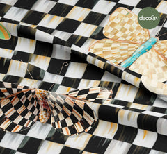 Black and White Butterfly Checkerboard Patterned Digital Printed Fabric with an Aged Effect