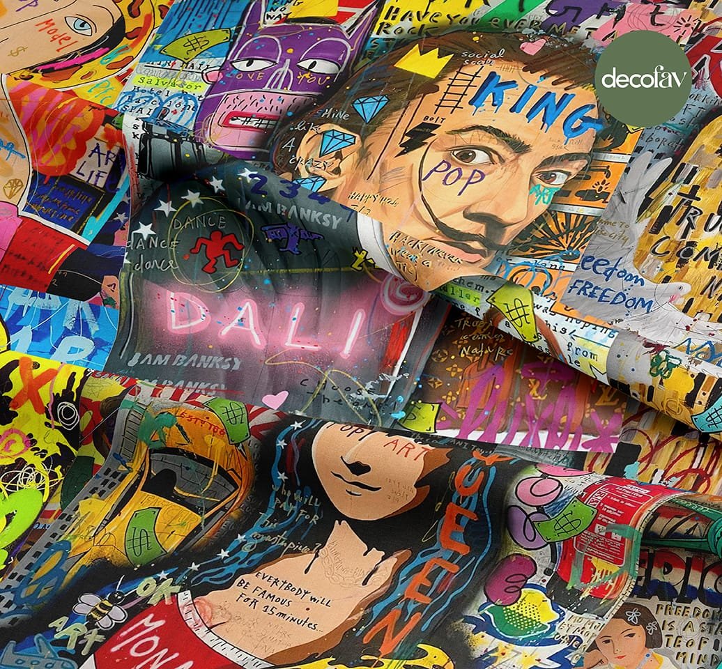 Neon Yazılar Grafiti Pop Art Desenli Dijital Baskılı Kumaş