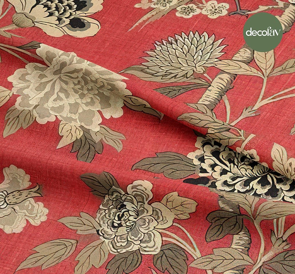 Digital Printed Fabric with Red Background Tropical Bird Peacock Leaf Pattern