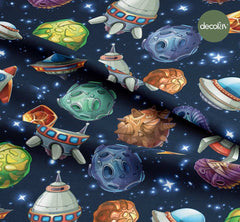 Space Themed Planet Star UFO Rocket Patterned Digital Printed Fabric
