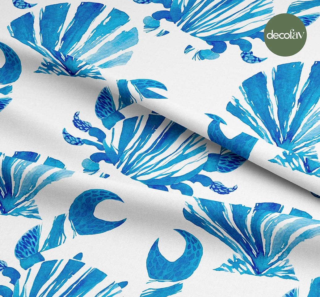 Sulu Boyalı Yengeç Deniz Kabuğu Marin Desenli Dijital Baskılı Kumaş