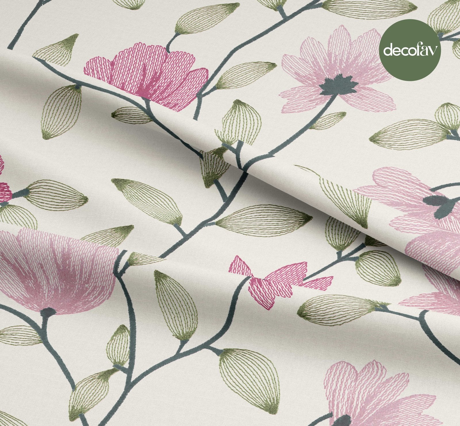 Nakış Pembe Çiçek Desenli Dijital Baskılı Kumaş