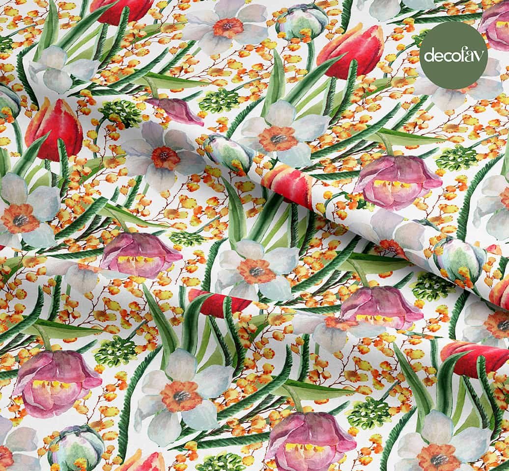Digitally Printed Fabric with Watercolor Tulip and Narcissus Pattern