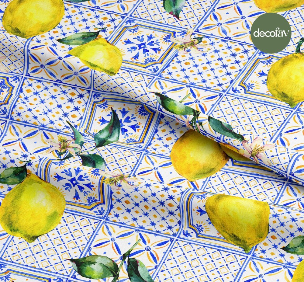 El Çizimi Sulu Boyalı Limon Çini Desenli Dijital Baskılı Kumaş