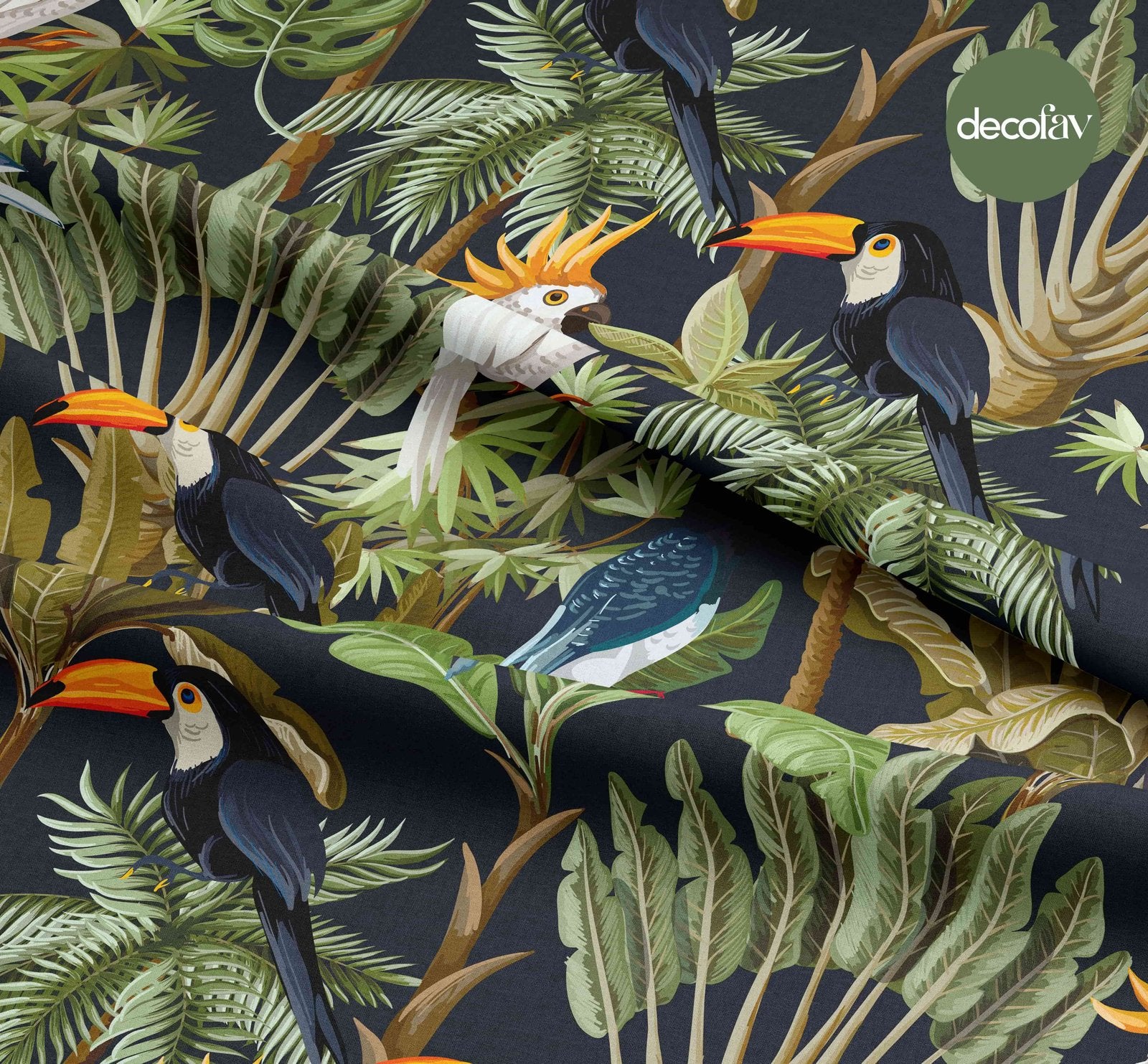 Digital Printed Fabric with Tropical Parrot Leaf Pattern on a Black Background