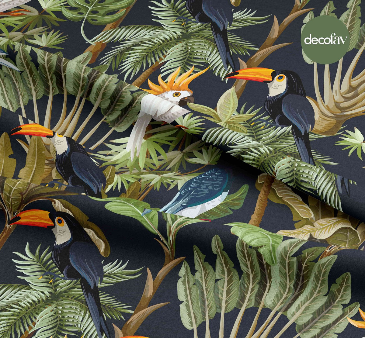 Digital Printed Fabric with Tropical Parrot Leaf Pattern on a Black Background