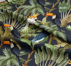 Digital Printed Fabric with Tropical Parrot Leaf Pattern on a Black Background