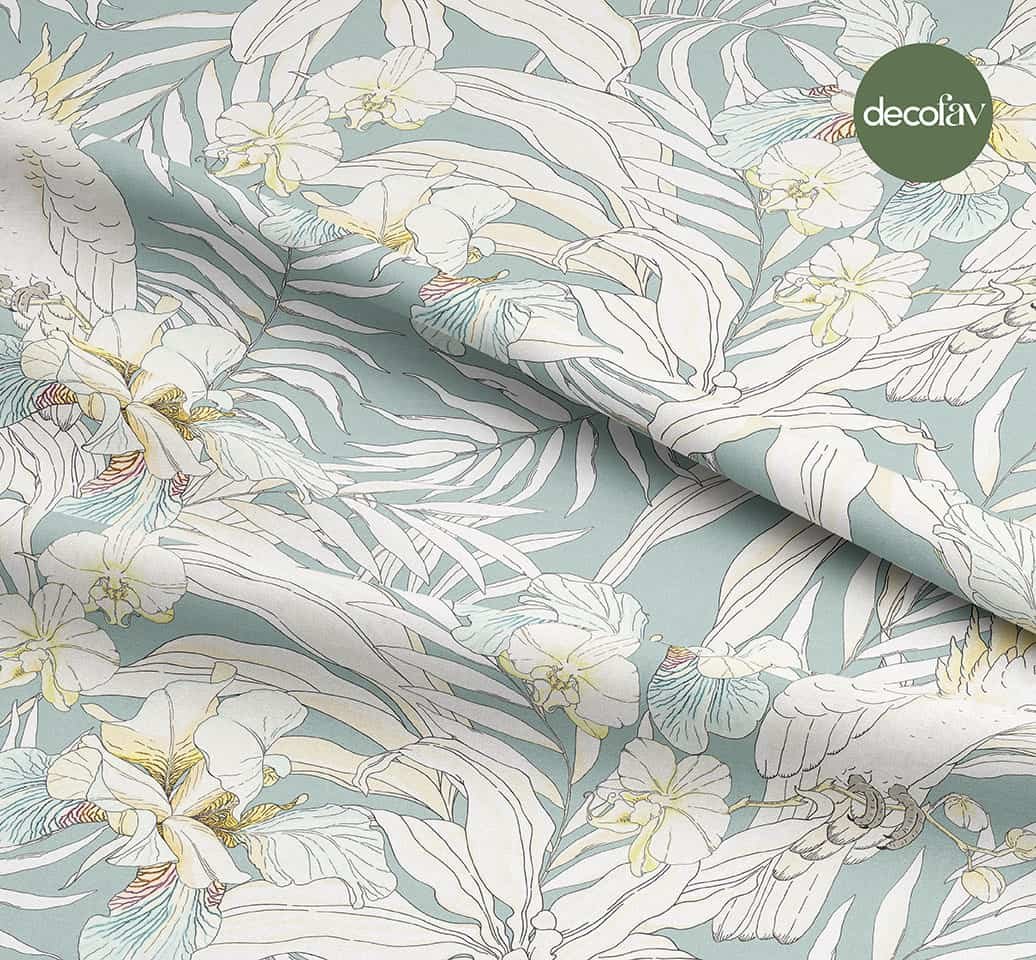 Mint Ground Tropical Parrot Flower Leaf Pattern Digital Printed Fabric