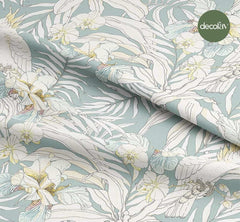 Mint Ground Tropical Parrot Flower Leaf Pattern Digital Printed Fabric