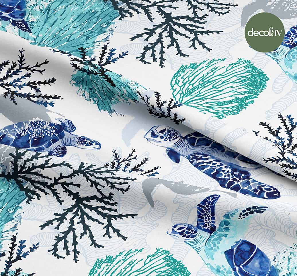 Turquoise Blue Coral Sea Turtle Marine Pattern Digital Printed Fabric