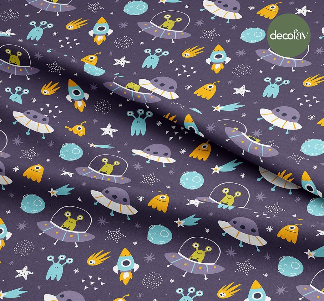 Space Themed UFO, Alien, Rocket Patterned Digital Printed Fabric