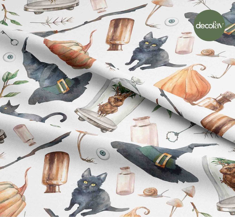 Halloween Temalı Siyah kedi Uçan Süpürge Kabak  Desenli Dijital Baskılı Kumaş
