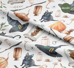 Halloween Temalı Siyah kedi Uçan Süpürge Kabak  Desenli Dijital Baskılı Kumaş