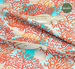 Mercan Deniz Kaplumbağası Balık Marin Desenli Dijital Baskılı Kumaş