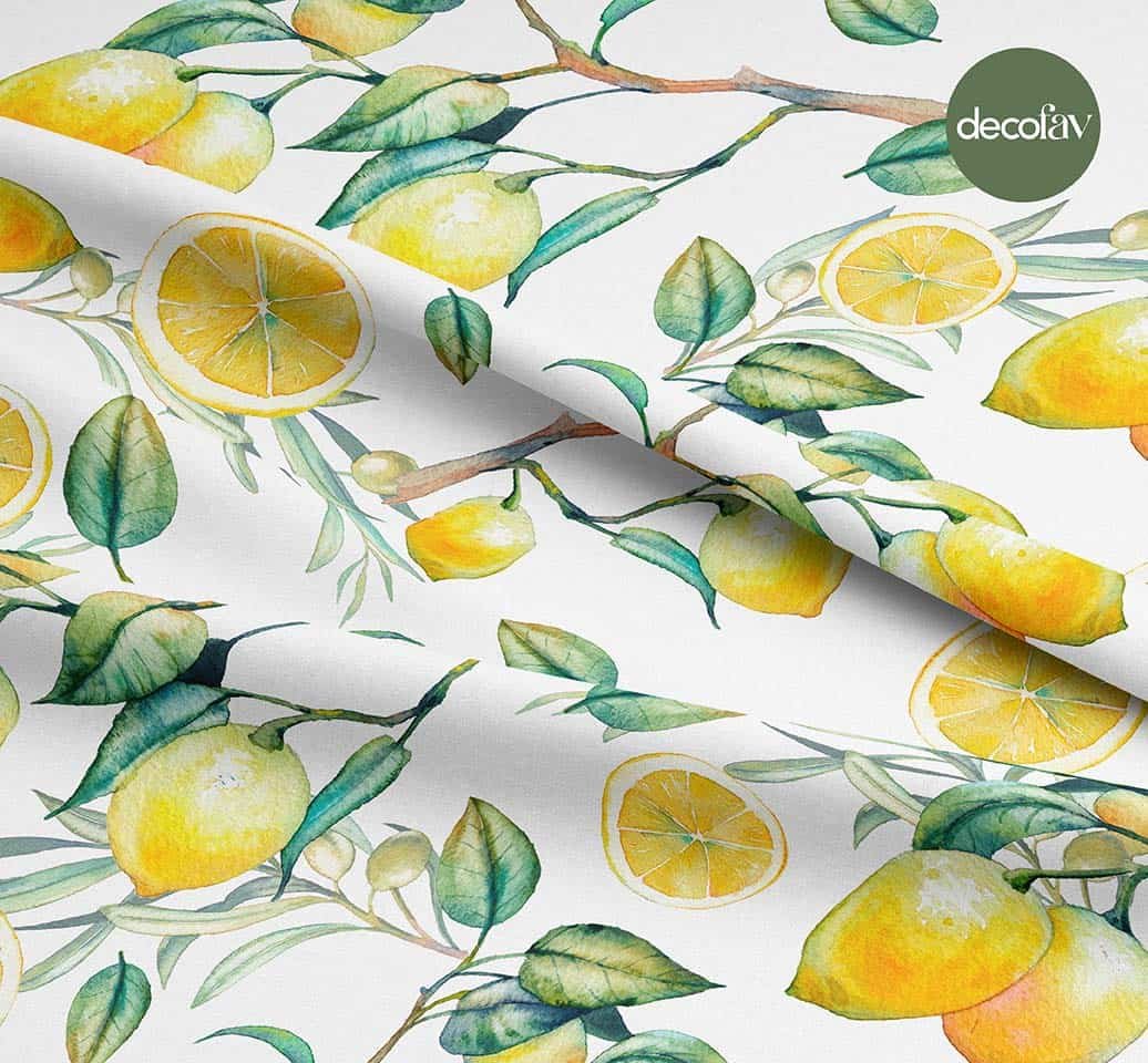 El Çizimi Sulu Boyalı Limon Desenli Dijital Baskılı Kumaş