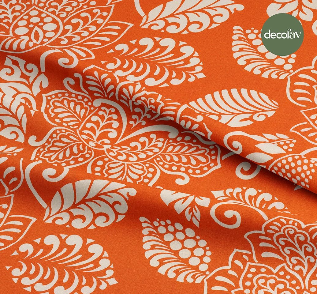 Turuncu Zemin Ekru Büyük Çiçek Desenli Dijital Baskılı Kumaş