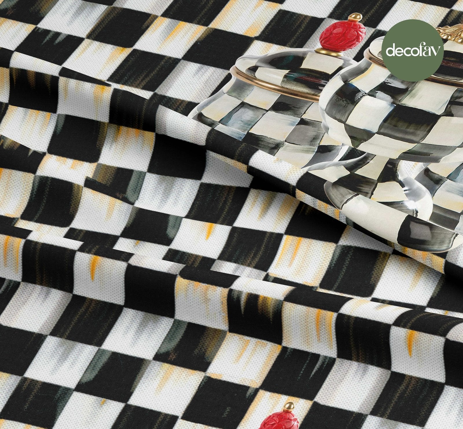 Antique Black and White Jar Checkerboard Patterned Digital Printed Fabric