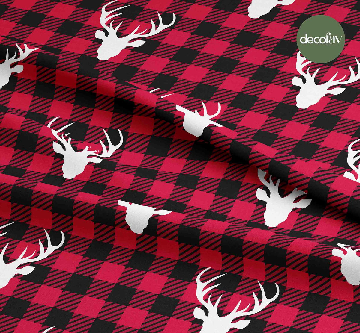 Digitally Printed Christmas Fabric with a White Deer Silhouette Pattern on a Red Black Gingham Background