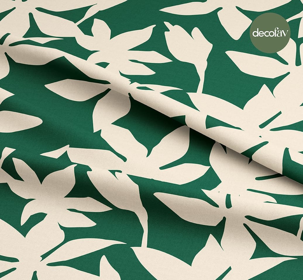 Digitally Printed Fabric with Leaf Silhouette Pattern on a Green Background