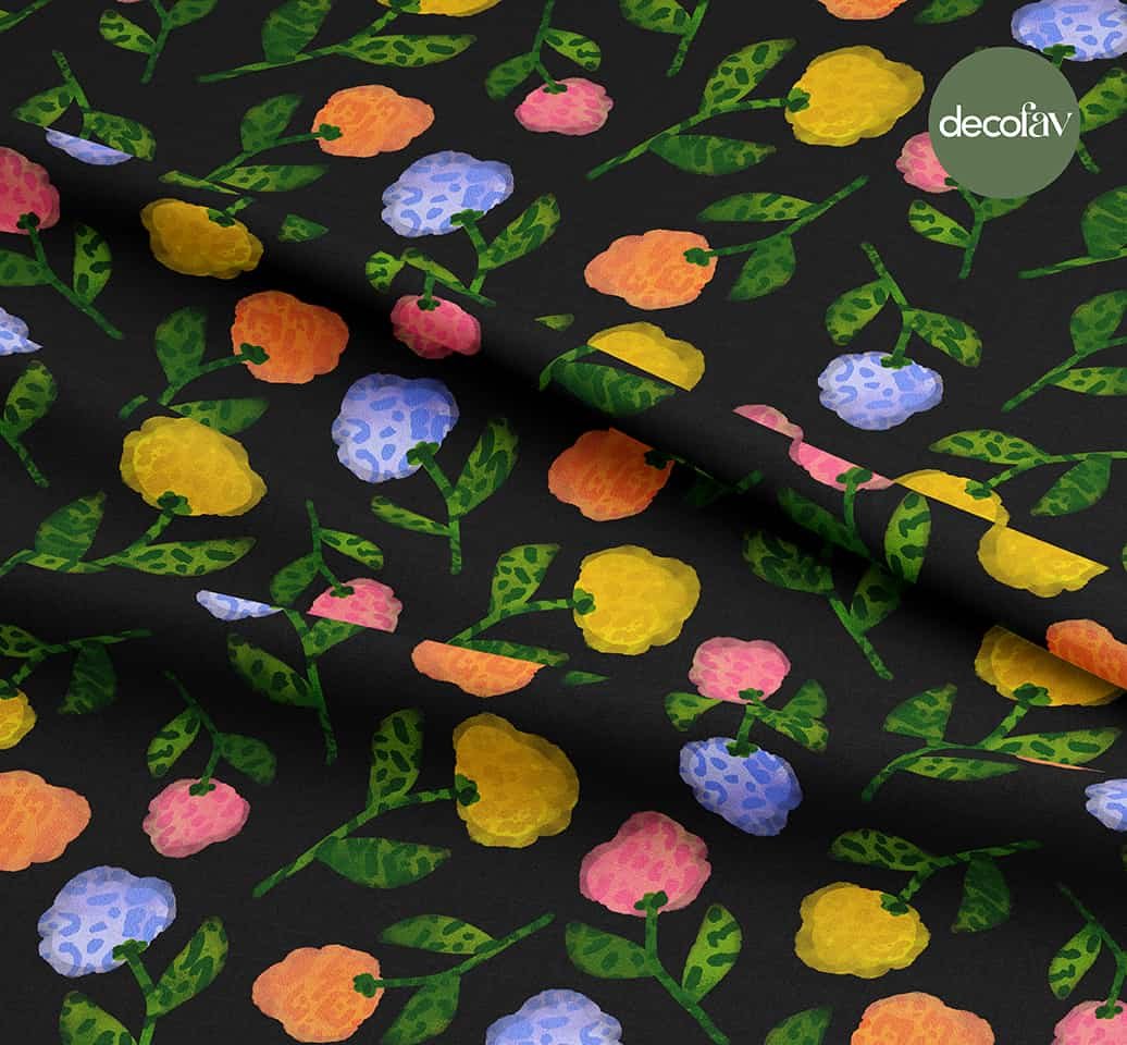 Watercolor Hand Drawn Leopard Silhouette Flower Leaf Pattern Digital Printed Fabric