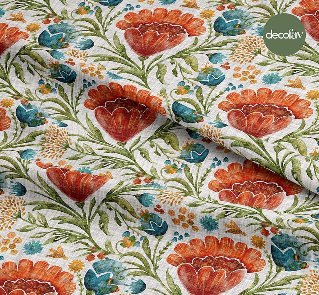 Keten Efektli Çiçek Desenli Dijital Baskılı Kumaş