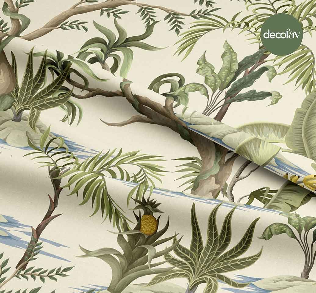 Ecru Ground Tropical Tree Pineapple Effect Patterned Digital Printed Fabric