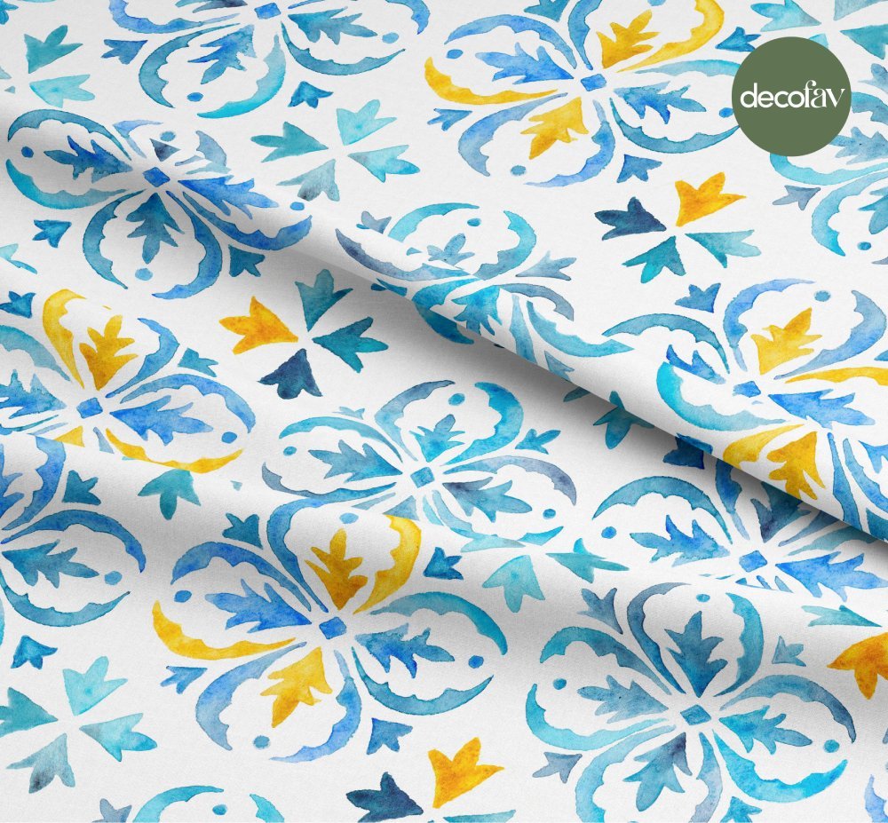 Sulu Boya Geometrik Abstrakt Çini Desenli Dijital Baskılı Kumaş