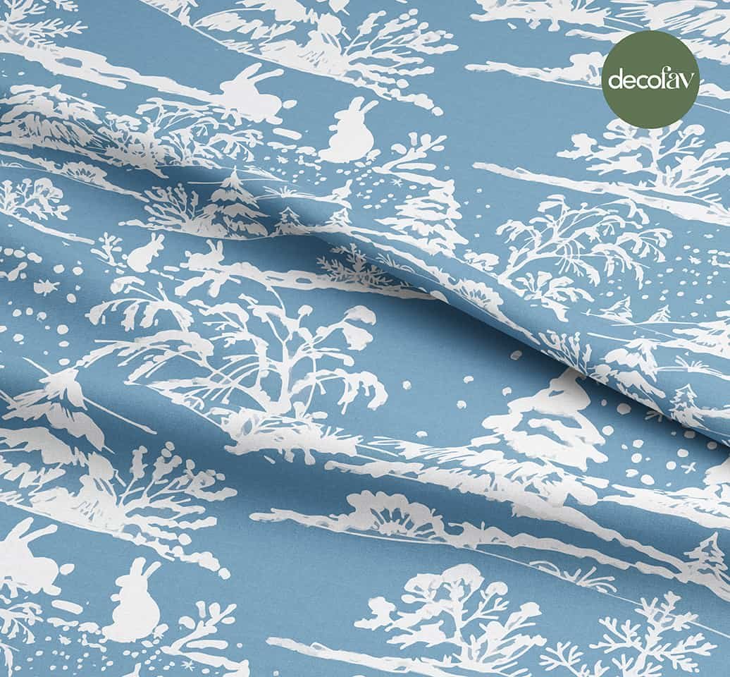 Digitally Printed Christmas Fabric with a White Silhouette Pattern on a New Year's Themed Blue Background
