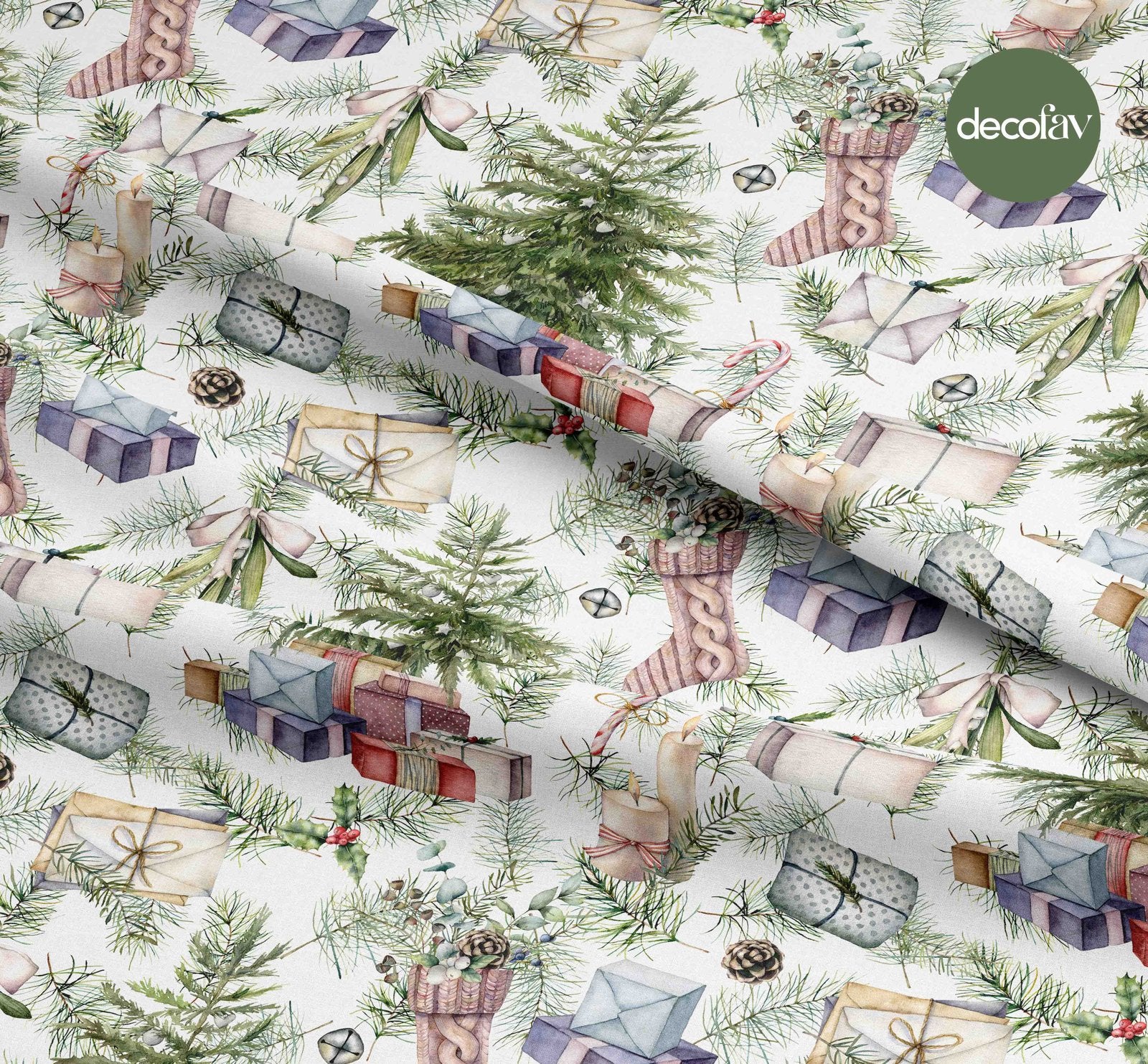 Watercolor Pine Tree Gift Wrapping Knitted Socks Pine Cone Pattern Digital Printed Christmas Fabric