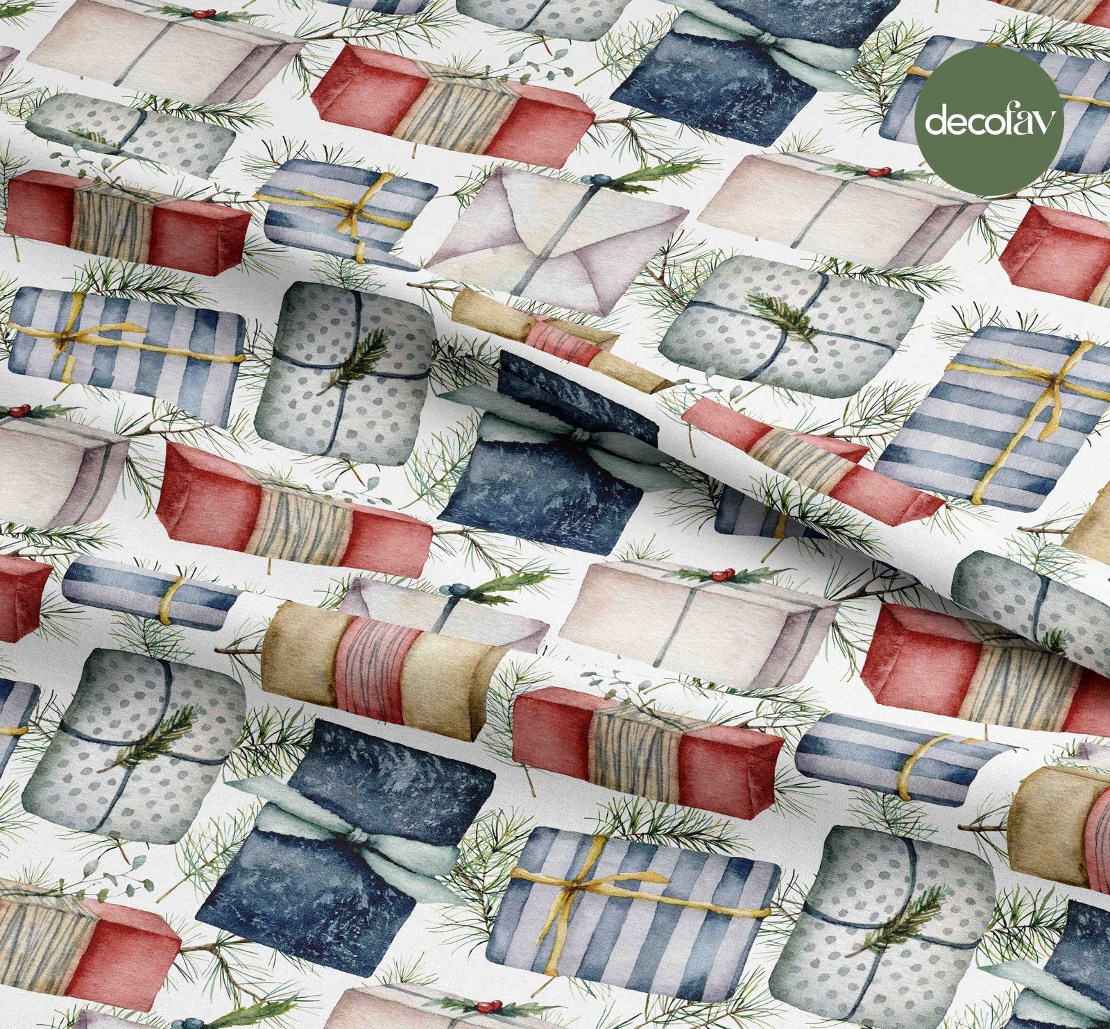 Watercolor Gift Wrapping Patterned Digital Printed Christmas Fabric