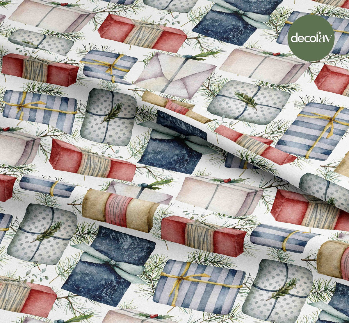 Watercolor Gift Wrapping Patterned Digital Printed Christmas Fabric