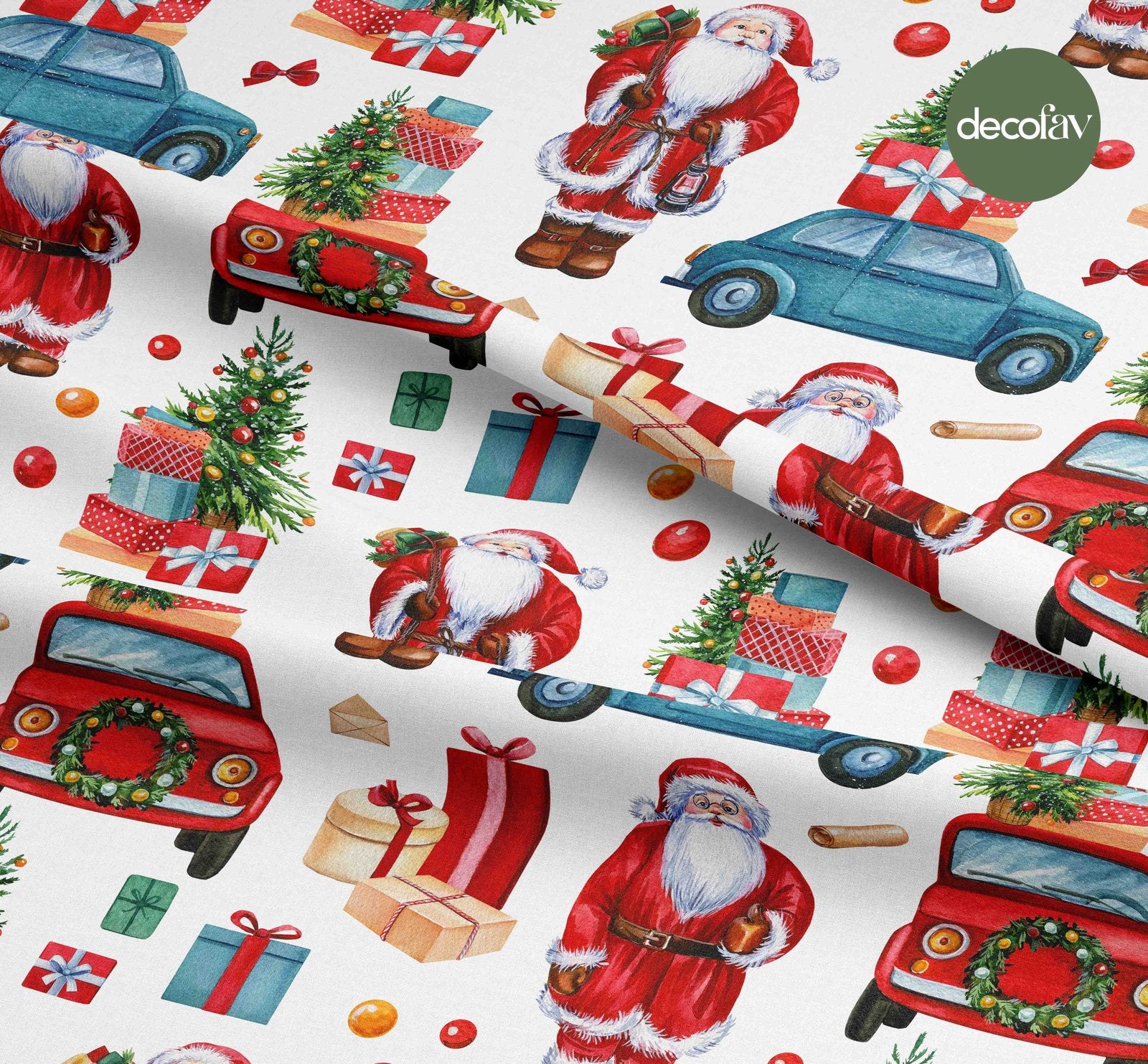 Watercolor Gift Wrapping Santa Claus Blue Red Car Tree Pattern Digital Printed Christmas Fabric