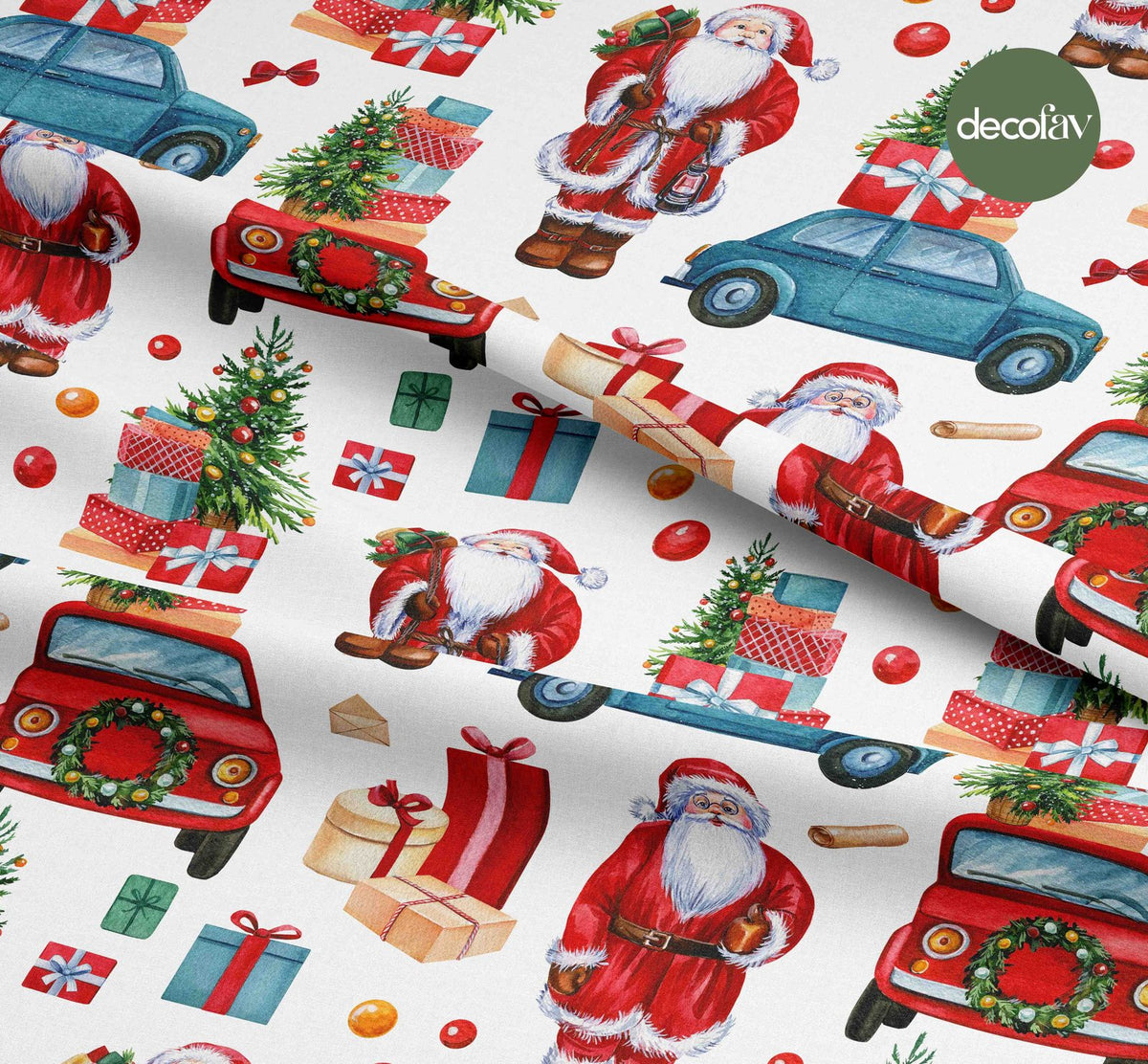 Watercolor Gift Wrapping Santa Claus Blue Red Car Tree Pattern Digital Printed Christmas Fabric