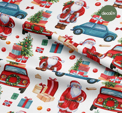 Watercolor Gift Wrapping Santa Claus Blue Red Car Tree Pattern Digital Printed Christmas Fabric