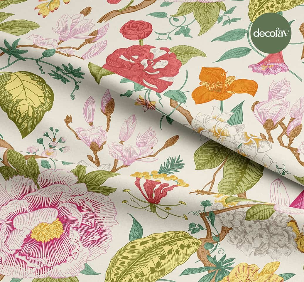 Renkli Botanik Çiçek Desenli Dijital Baskılı Kumaş