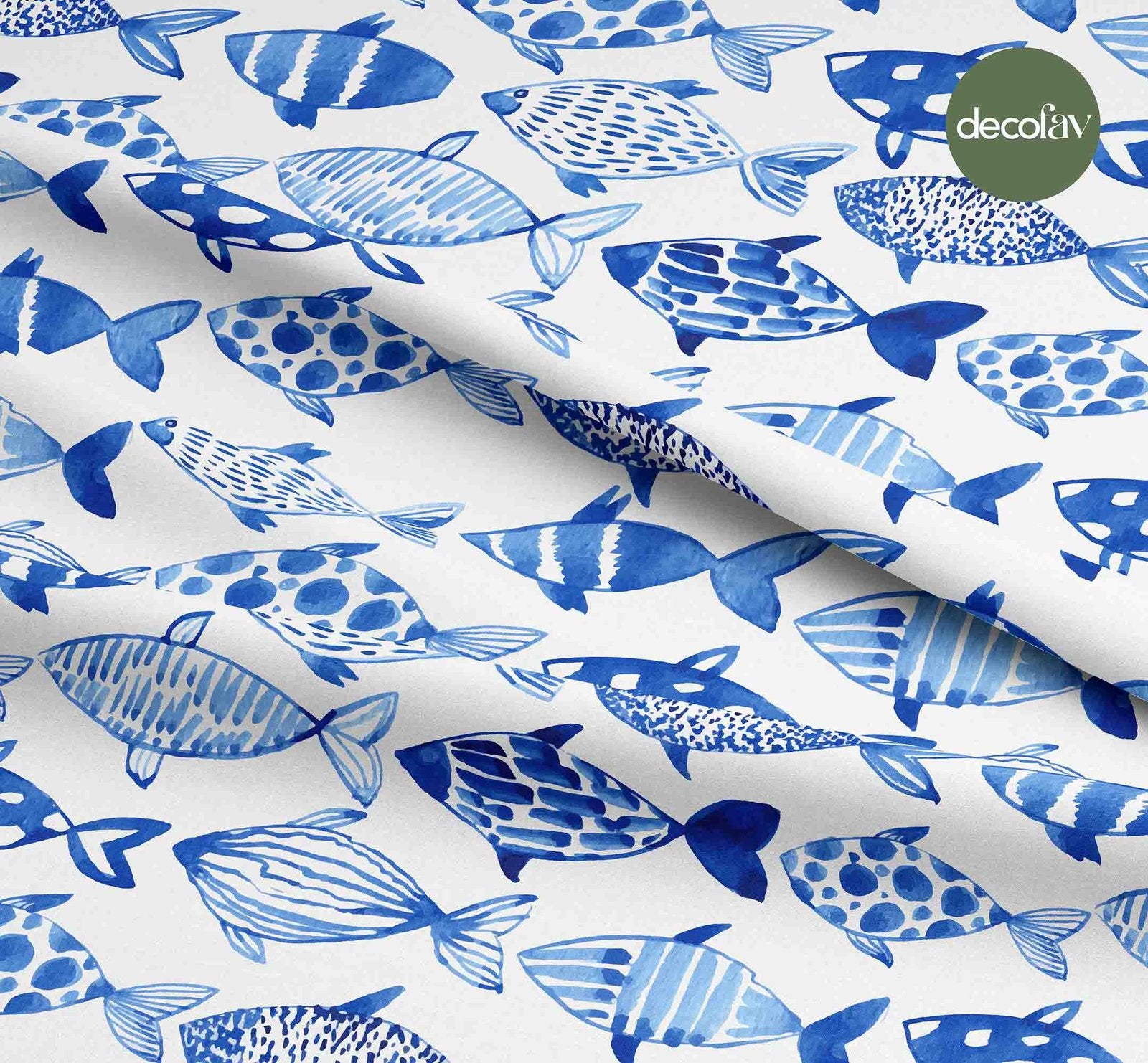 Digitally Printed Fabric with Watercolor Blue Patterned Fish Pattern