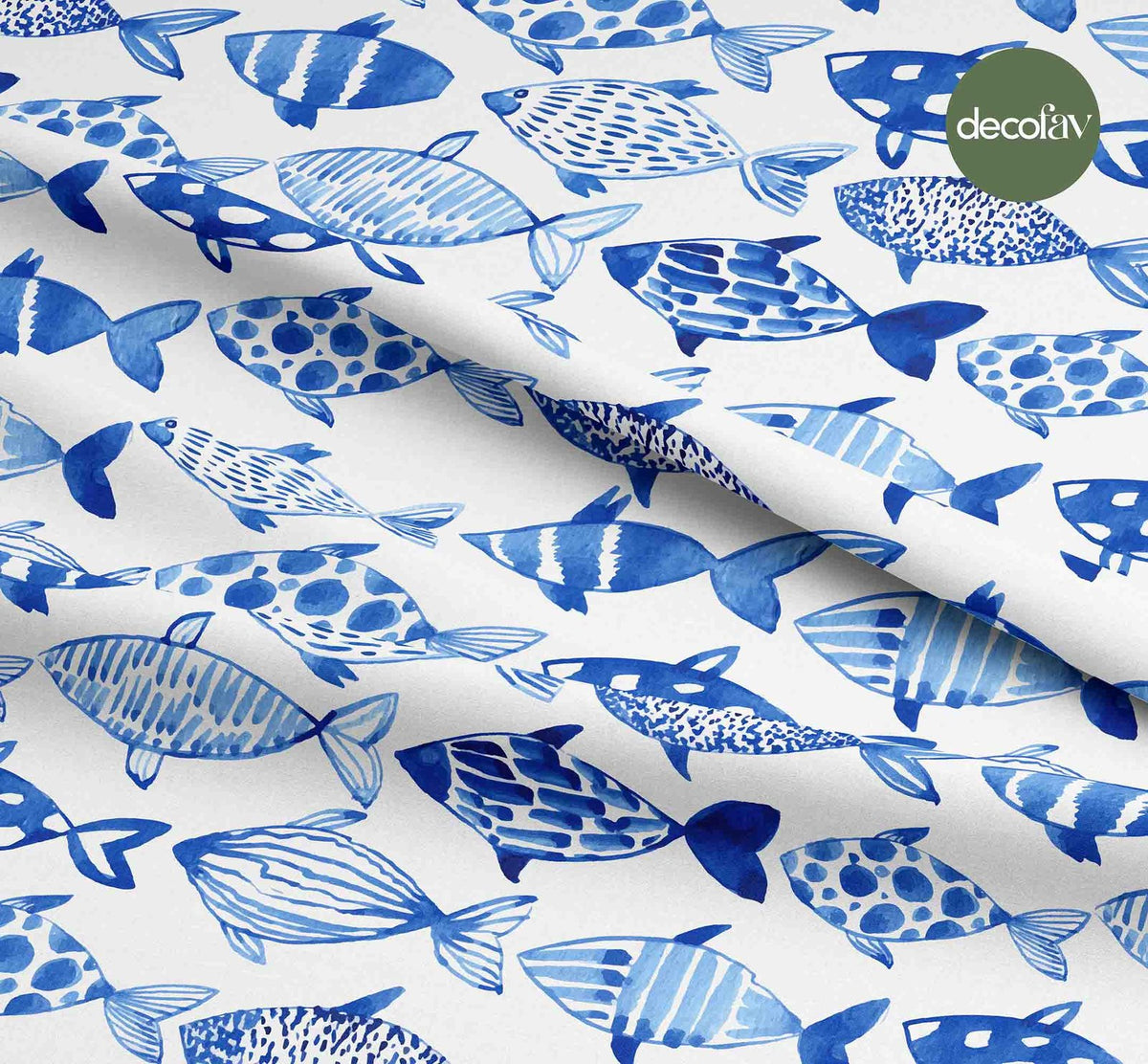 Digitally Printed Fabric with Watercolor Blue Patterned Fish Pattern