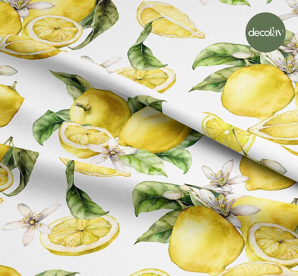 El Çizimi Sulu Boya Çiçek Yaprak Limon  Desenli Dijital Baskılı Kumaş