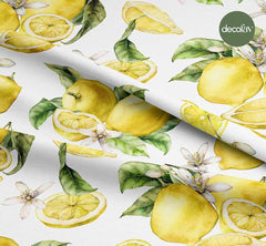 El Çizimi Sulu Boya Çiçek Yaprak Limon  Desenli Dijital Baskılı Kumaş