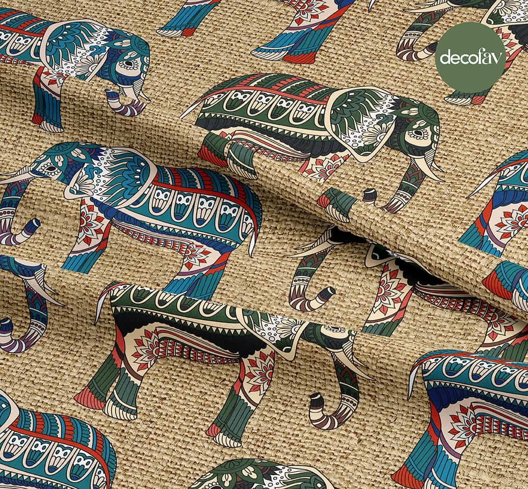 Linen Ground Ethnic Elephant Patterned Digital Printed Fabric