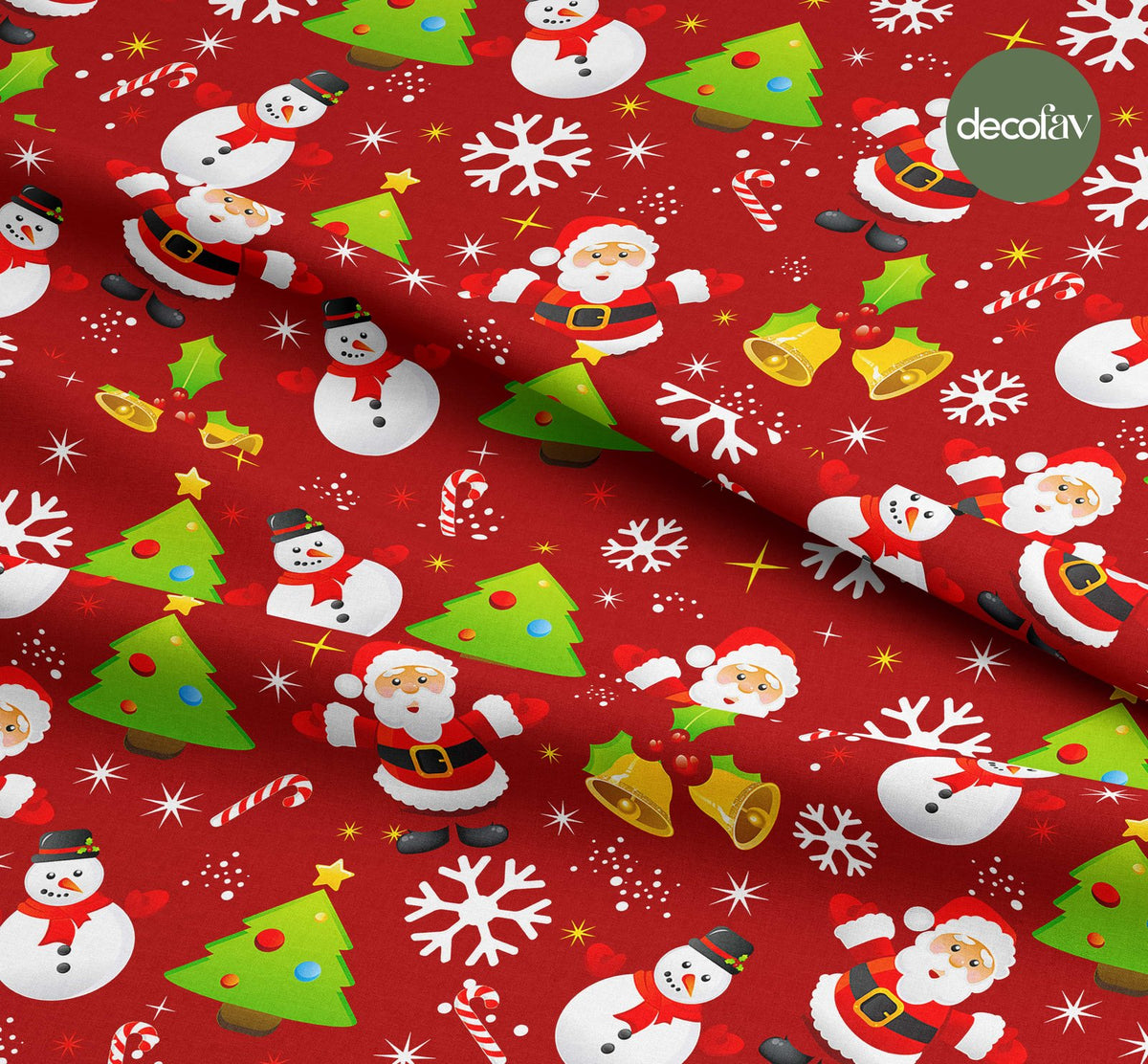 Noel Baba Kardan Adam Kar Tanesi Yılbaşı Ağaç Süsleri Desenli Dijital Baskılı Yılbaşı Kumaşı