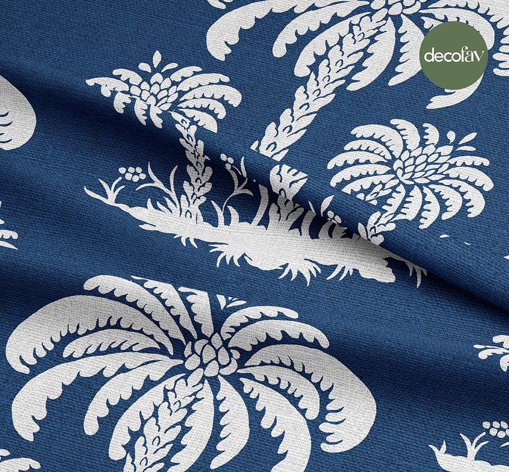 Lacivert Zemin El Çizimi Beyaz Palmiye Ağaç Desenli Dijital Baskılı Kumaş