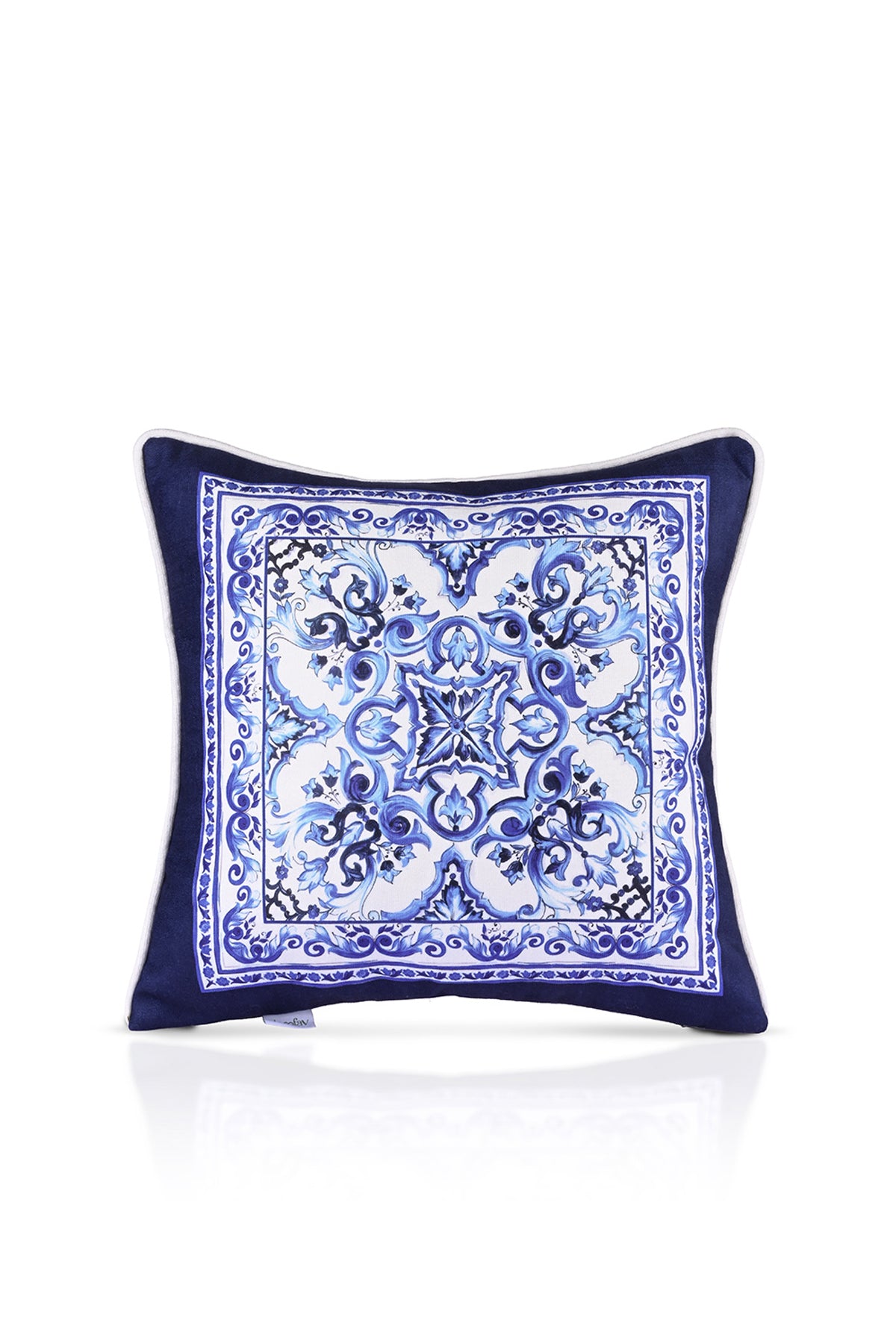 Mavi Çini Desen Tasarımlı Fitilli Kırlent Kılıfı - 43x43cm