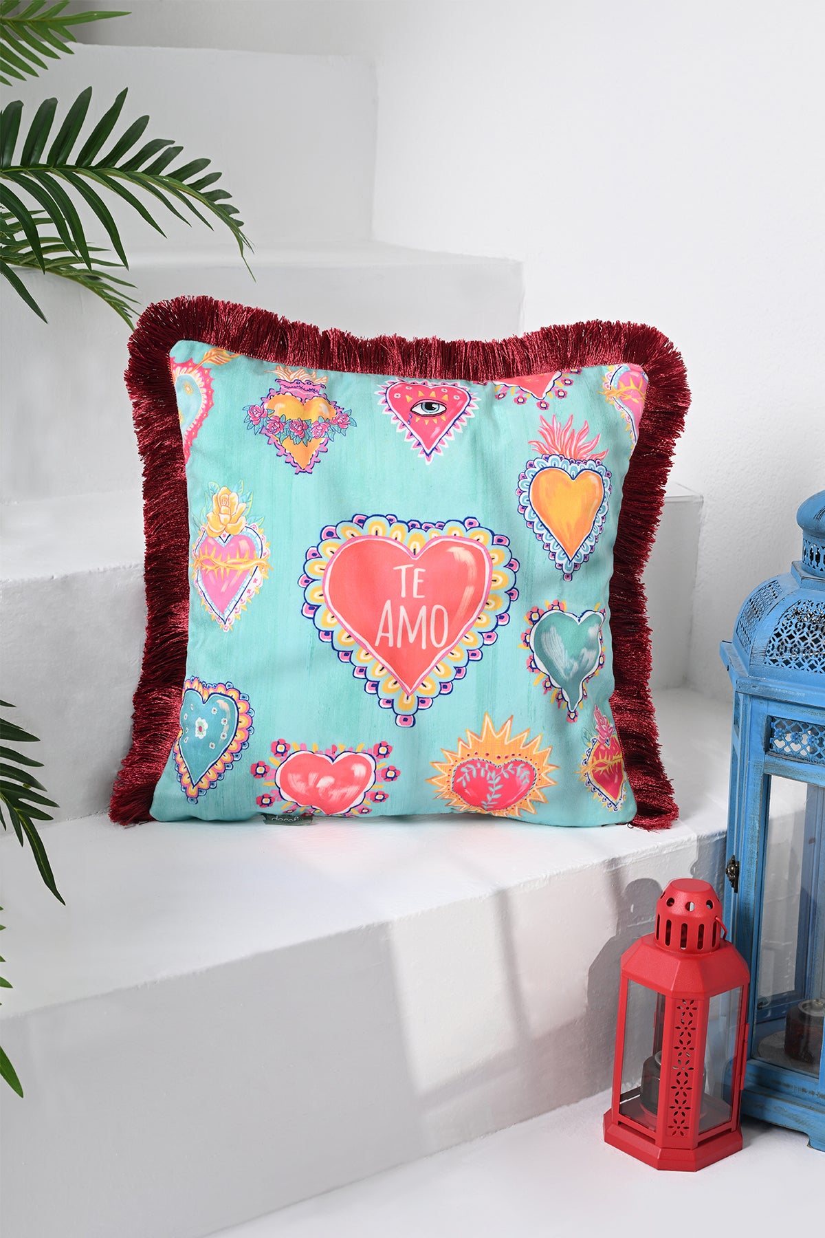 I Love You in Spanish with Heart Pattern Digital Print Velvet Cushion Cover with Fringes