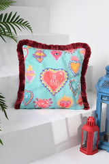 I Love You in Spanish with Heart Pattern Digital Print Velvet Cushion Cover with Fringes