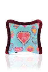 I Love You in Spanish with Heart Pattern Digital Print Velvet Cushion Cover with Fringes