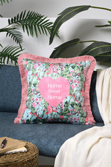 Home Sweet Home Yazılı Pembe Çiçek Desenli Dijital Baskılı Kadife Kırlent Kılıfı Saçaklı
